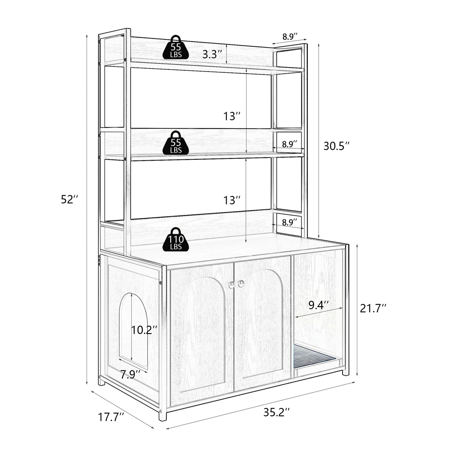 Wooden Hidden Cat Litter Box Enclosure With Shelves Doors