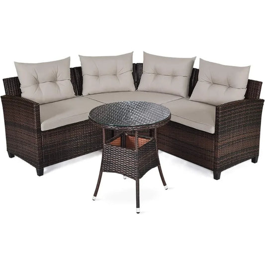 4PCS Curved Outdoor Sofa Set Rattan Wicker Patio Furniture