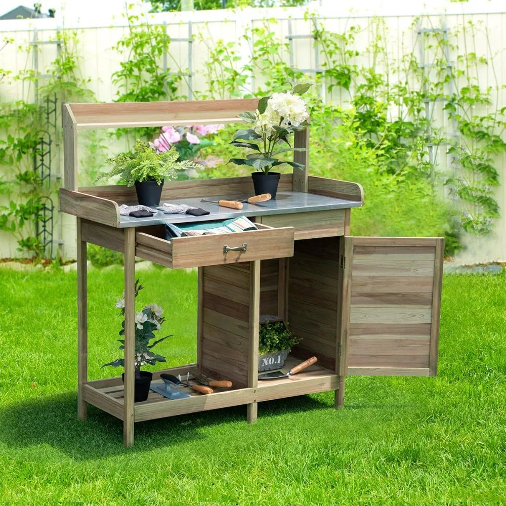 Potting Bench Table Outdoor Natural Fir Wood Garden Storage