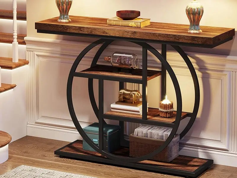 41.3 Inch Console Table 4 Tier Circle Base Rustic Brown