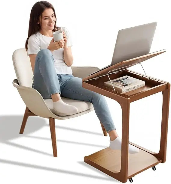 C Shaped Couch Side Table With 2 Lockable Wheels Design