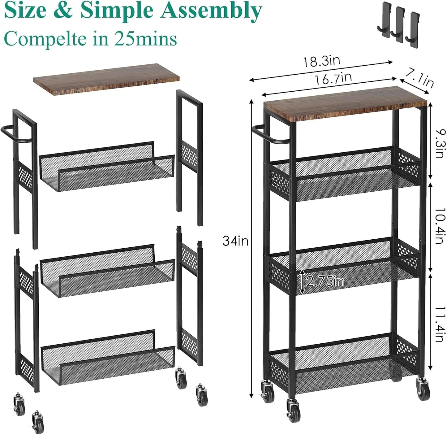 Slim Storage Cart 4Tier Narrow Kitchen Rolling Cart on Wheels