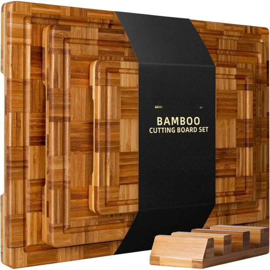 Large Bamboo Cutting Boards Set of 3 Chopping with Juice Groove Wood Butcher Block for Kitchen End Grain Serving Tray