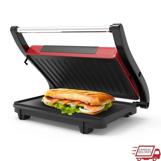 Non-Stick Panini Grill and Sandwich Maker 1400W Indoor Cooking Appliance with Grease Channeling System Easy Cleanup Ideal Small