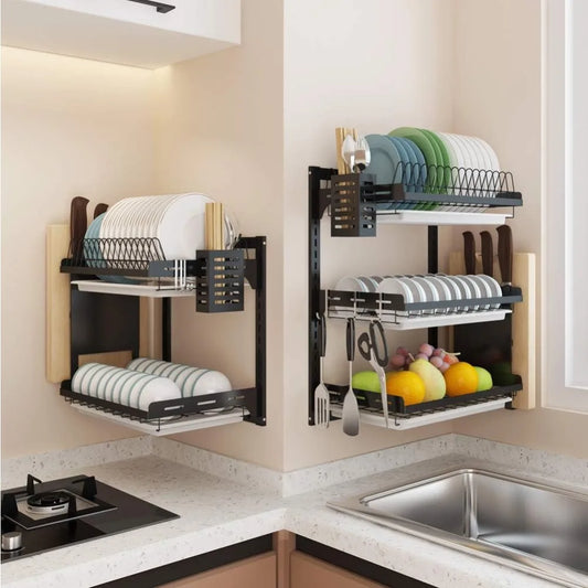 3 Tier Black Stainless Steel Dish Drying Rack with Drainboard