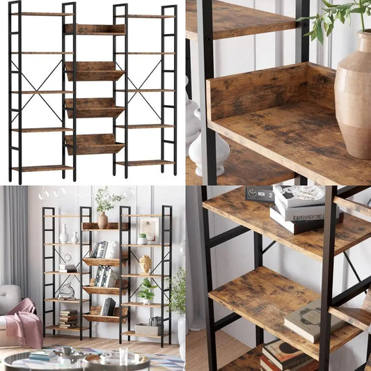 Triple-Wide Industrial Style 5-Shelf Bookcase for Large Display and Storage