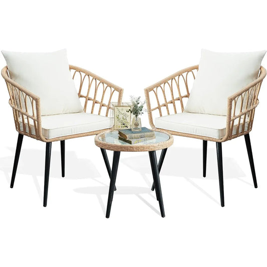 3 Piece Patio Bistro Set, Outdoor Wicker Balcony Rattan.  Compact & Versatile; Comfortable Seating; Elegant Coffee Table;  Multi-Functional Ottomans.