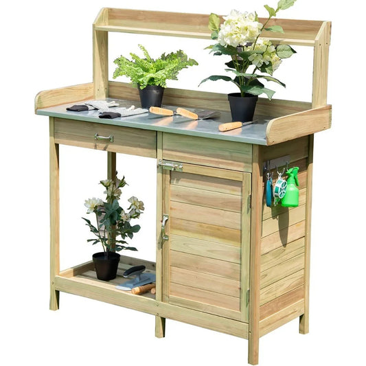 Potting Bench Table Outdoor Natural Fir Wood Garden Storage