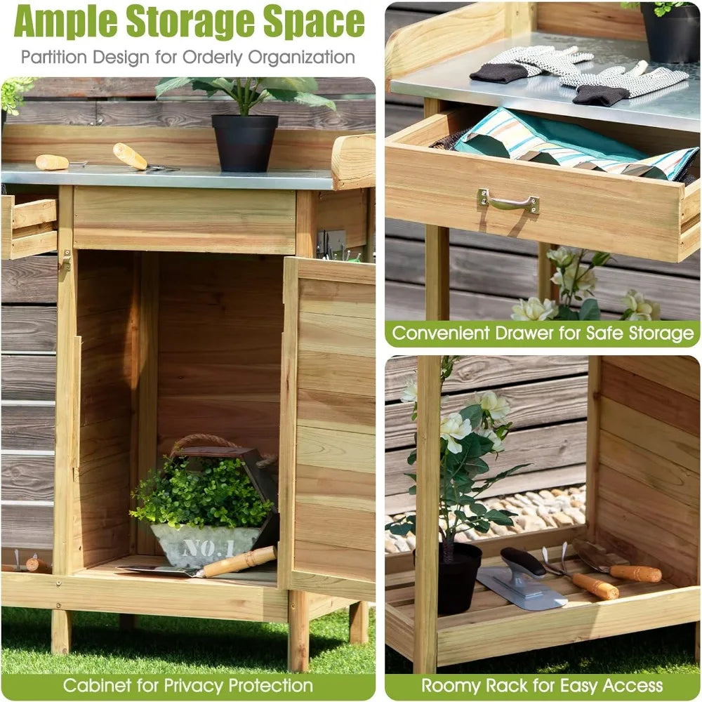 Outdoor Potting Bench Work Station Drawer Storage Cabinet