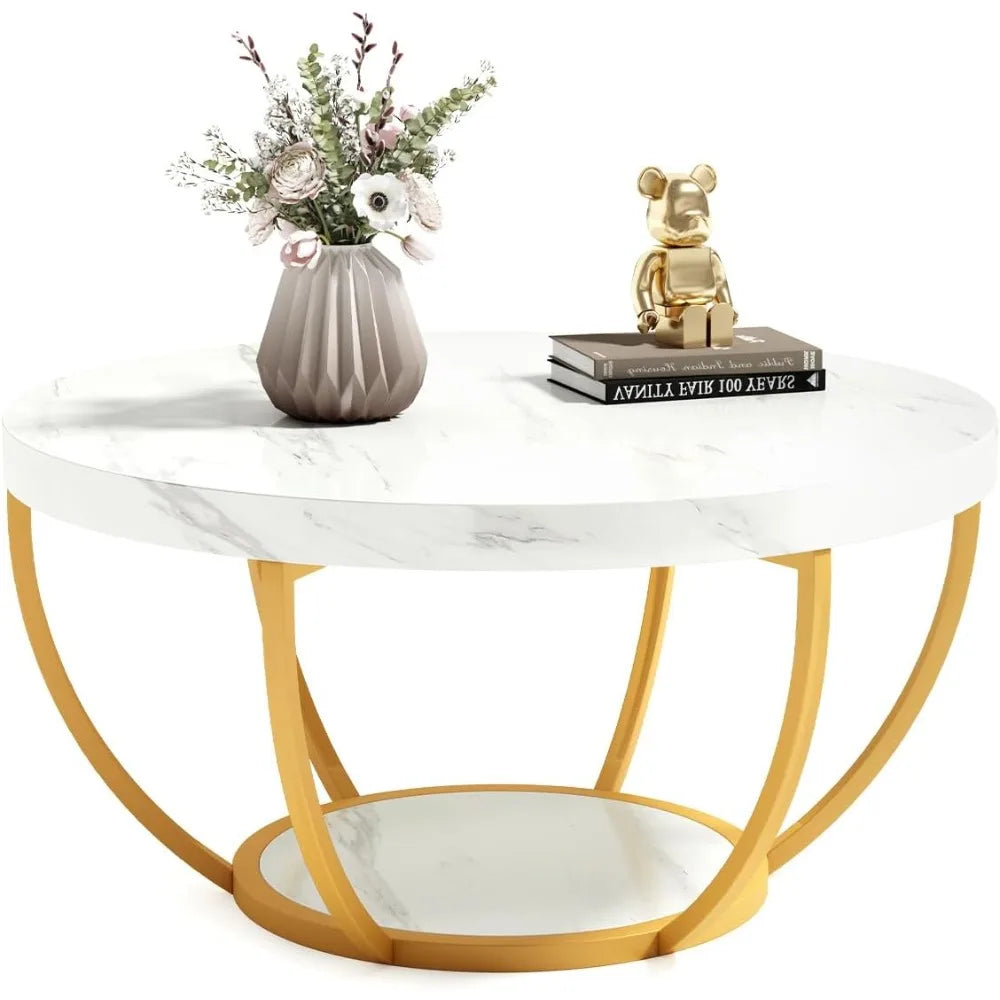 32 Inch Circle Faux Marble Coffee Table With Gold Legs