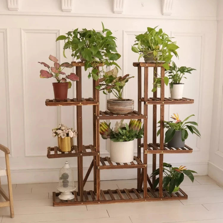 Large 11 Tiered Wood Plant Stand Carbonized For Outdoor
