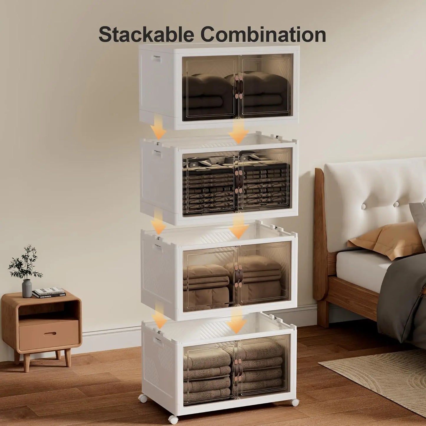 Folding Storage Bins Organizer with Wheels, Stackable Container