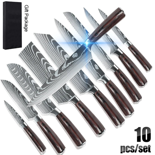 8 10pcs Gift Japanese Kitchen Knives Set Laser Damascus Pattern Chef Knife High Carbon Stainless Steel Sharp Fruit Slicing Knife