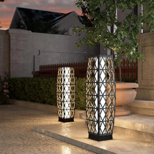 Piece Outdoor Solar-Powered Woven Wicker Lantern Floor Lamp