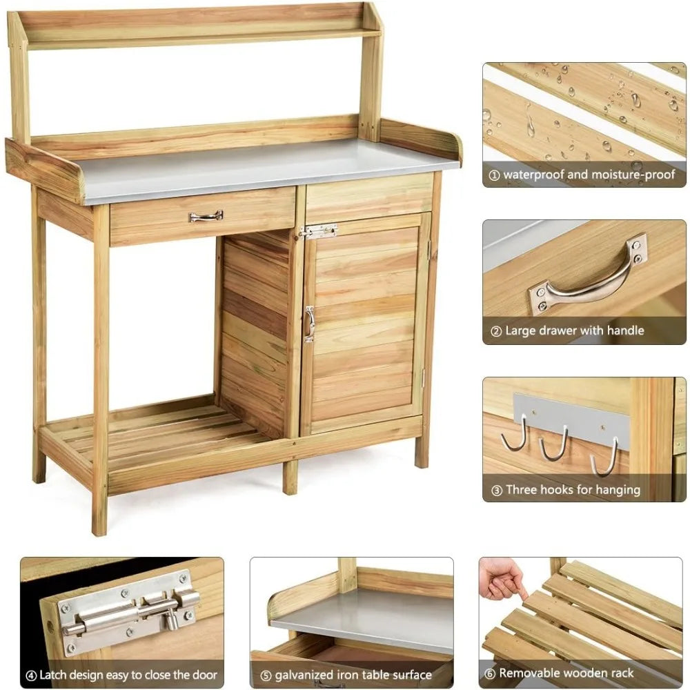 Potting Bench Table Outdoor Natural Fir Wood Garden Storage