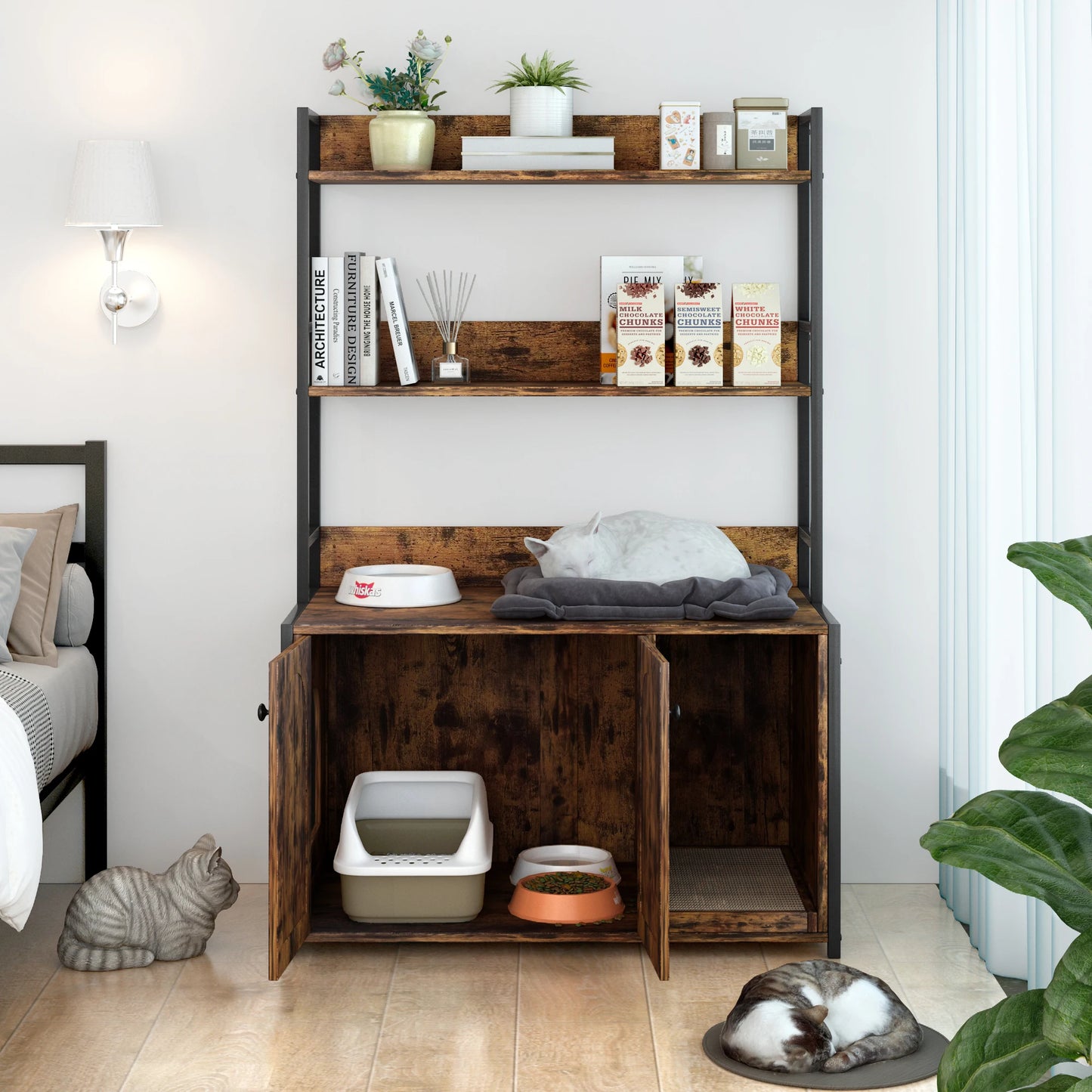 Wooden Hidden Cat Litter Box Enclosure With Shelves Doors