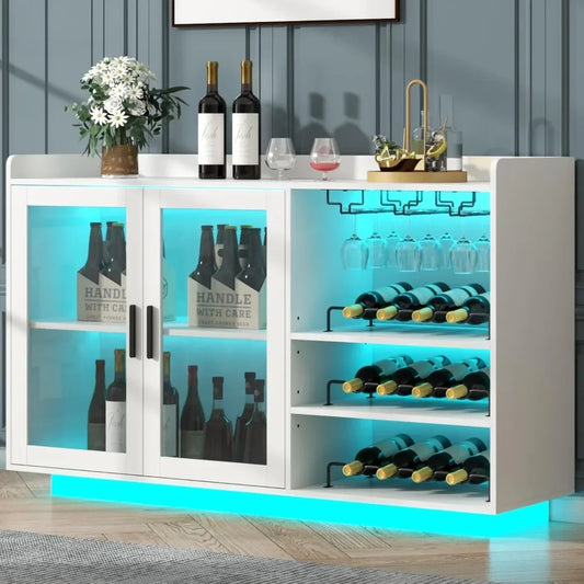 Wine Bar Cabinet with LED Lights and Storage Shelves