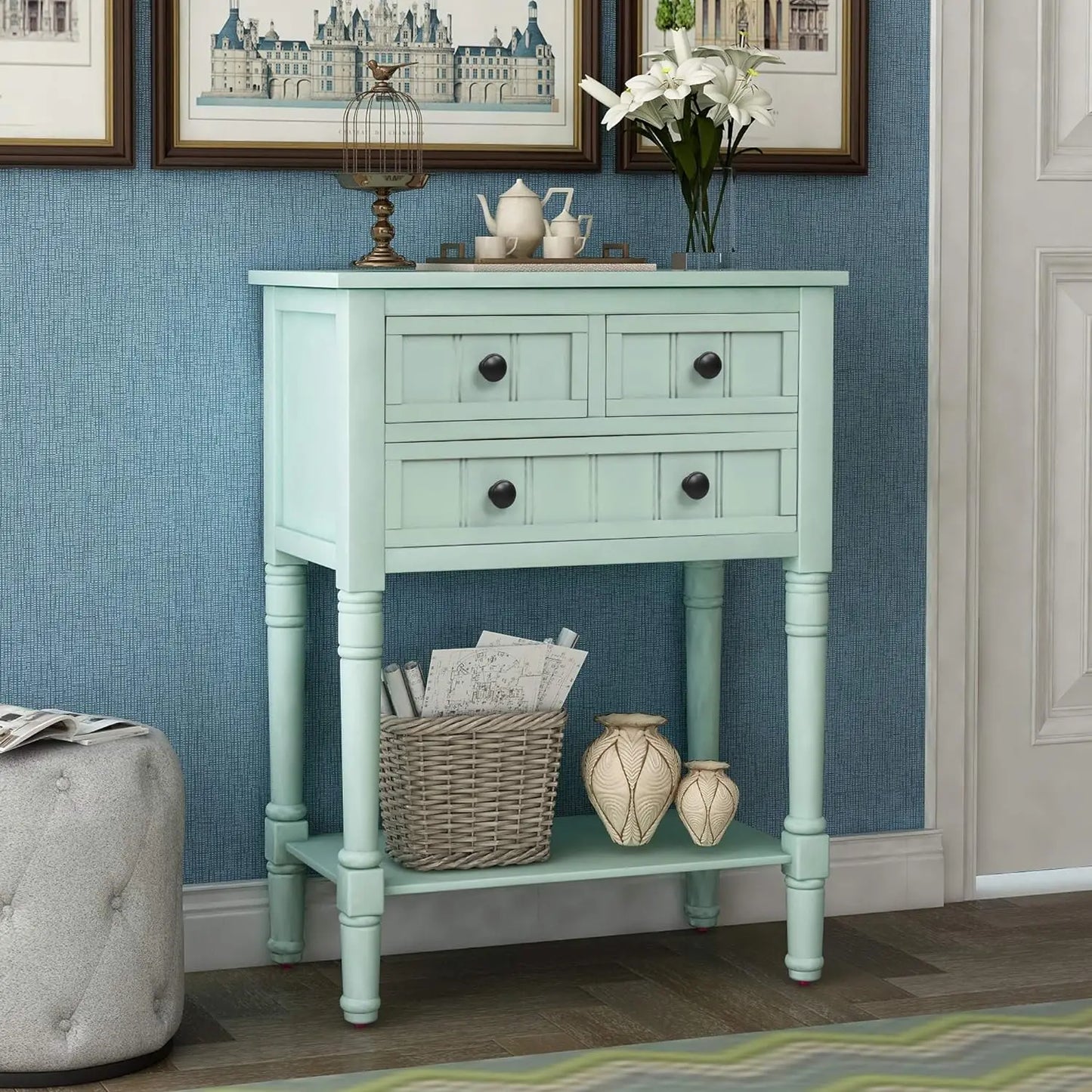 Slim Antique Entry Console Table with Drawers and Shelf