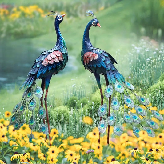 Garden Decoration Outdoor Statue, Metal Peacock Art Set