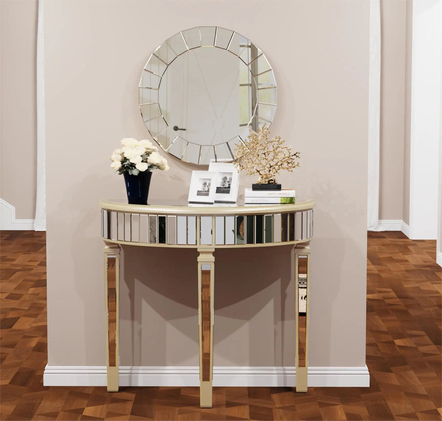 Ornate Mirrored Half Moon Console Table Living Room Silver Hallway Makeup Vanity Table Demi Lune Furniture
