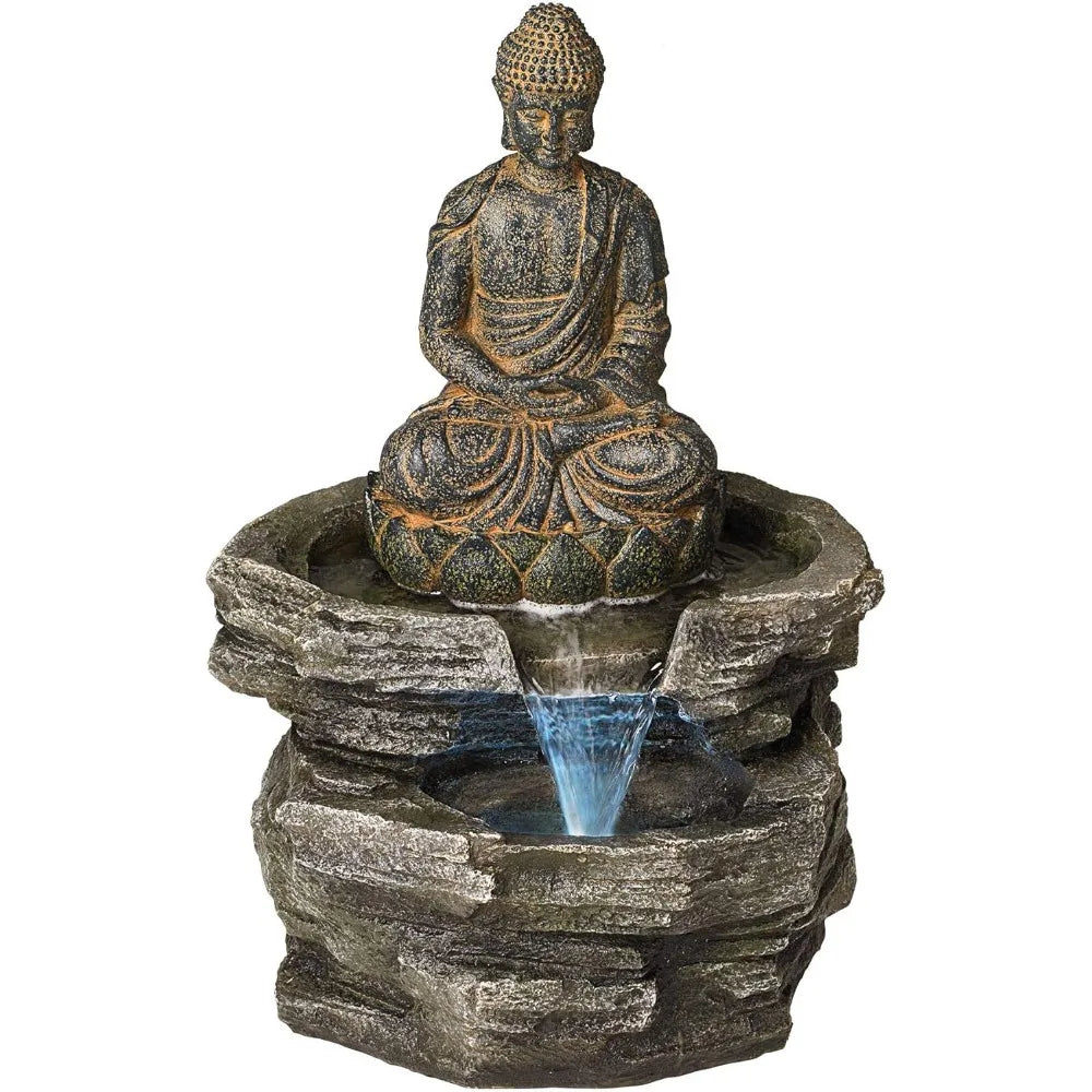 Sitting Buddha Zen Outdoor Water Fountain 21 Inch LED Light