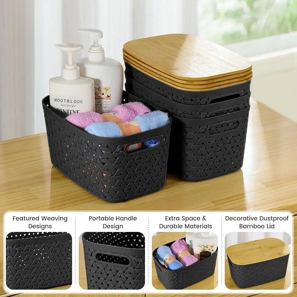 Stackable Plastic Storage Bins with Bamboo Lids Set of 4 Multifunctional Storage Containers Home Organization Kitchen Office Use
