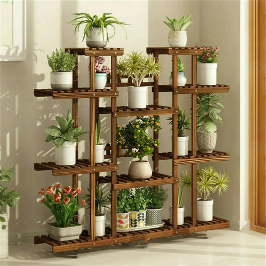 Large 11 Tiered Wood Plant Stand Carbonized For Outdoor