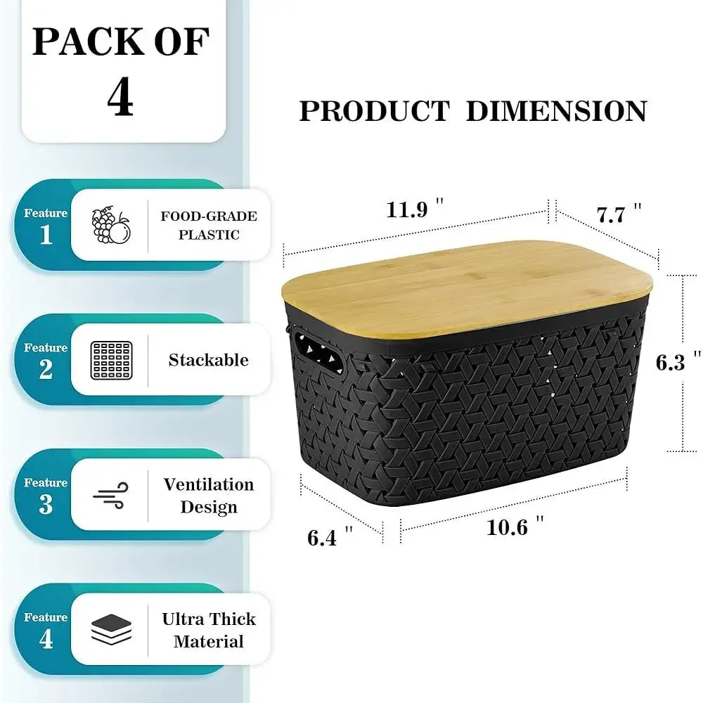 Stackable Plastic Storage Bins with Bamboo Lids Set of 4 Multifunctional Storage Containers Home Organization Kitchen Office Use