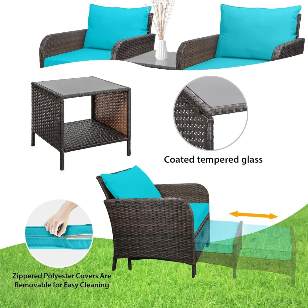 Balcony Furniture 5 Piece Patio Conversation Set PE Wicker Rattan Outdoor Lounge Chairs with Soft Cushions and 2 Ottomans