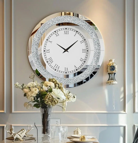 Glam Silver Round Mirror Clock Sparkle 60cm 80cm Wall Decor