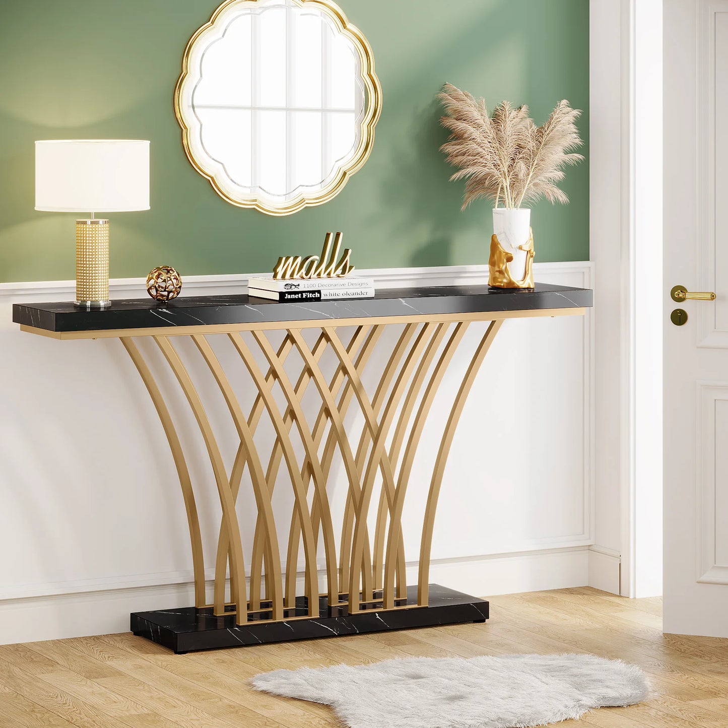 Tribesigns 59 inch Gold Console Table, Modern Entryway Table with Grid-Shaped Metal Base for Entrance, Hallway, Entryway
