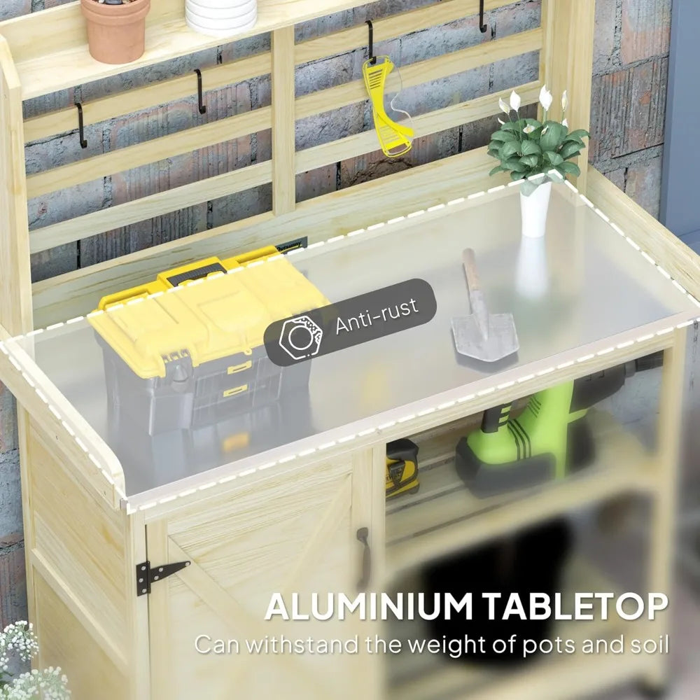 Outdoor Wooden Potting Bench Garden Workstation With Cabinet