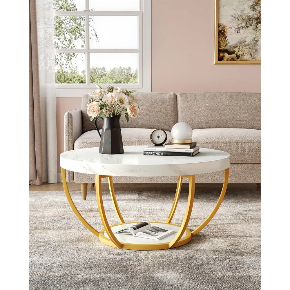32 Inch Circle Faux Marble Coffee Table With Gold Legs