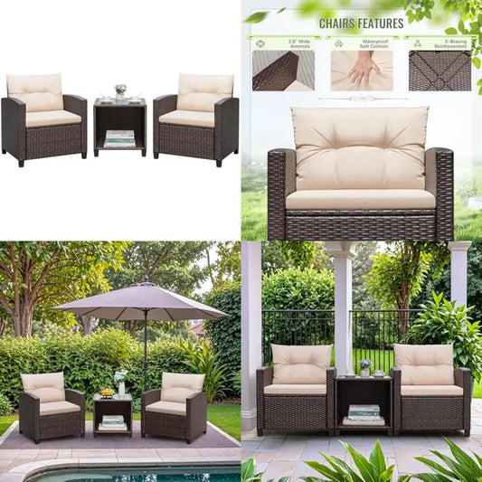 Beige 3 Piece Outdoor Patio Set PE Rattan Chairs Cushions Glass Top Coffee Table