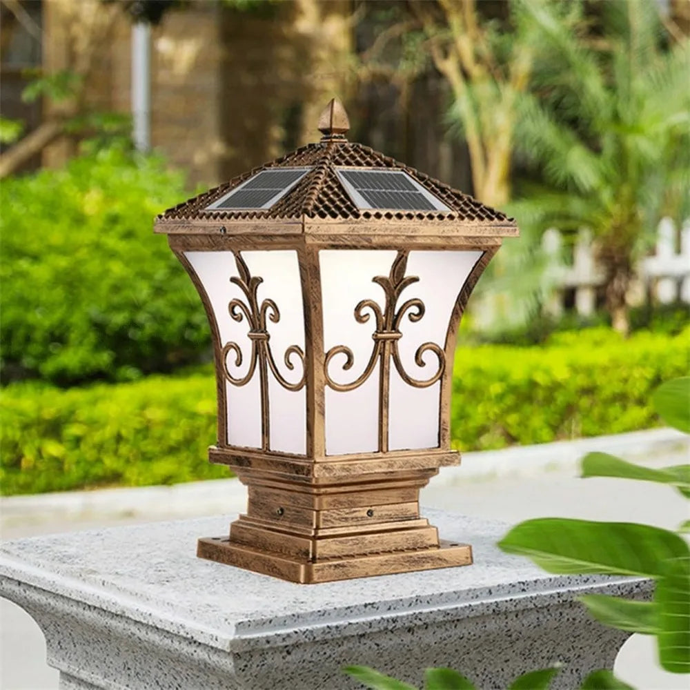 European Bronze Finish Pillar Lamp LED Solar Powered Cap Light