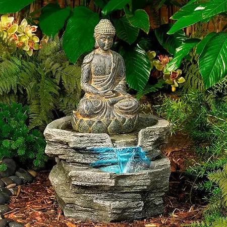 Sitting Buddha Zen Outdoor Water Fountain 21 Inch LED Light