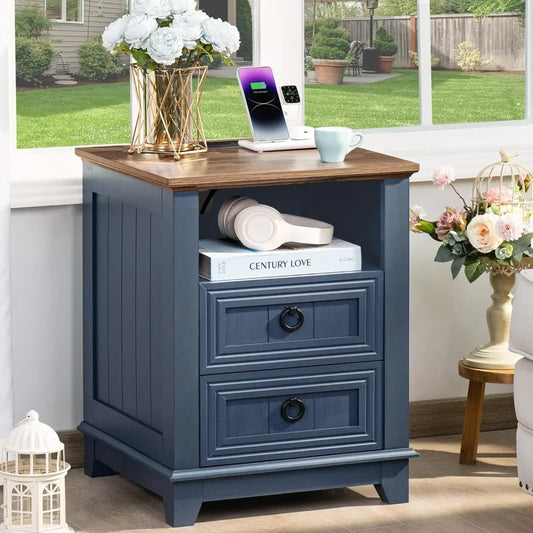 Farmhouse Night Stand with Charging Station, 2 Drawers Nightstand