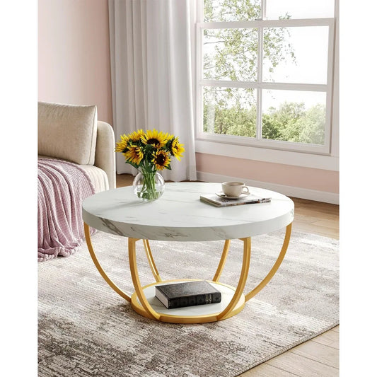 32 Inch Circle Faux Marble Coffee Table With Gold Legs