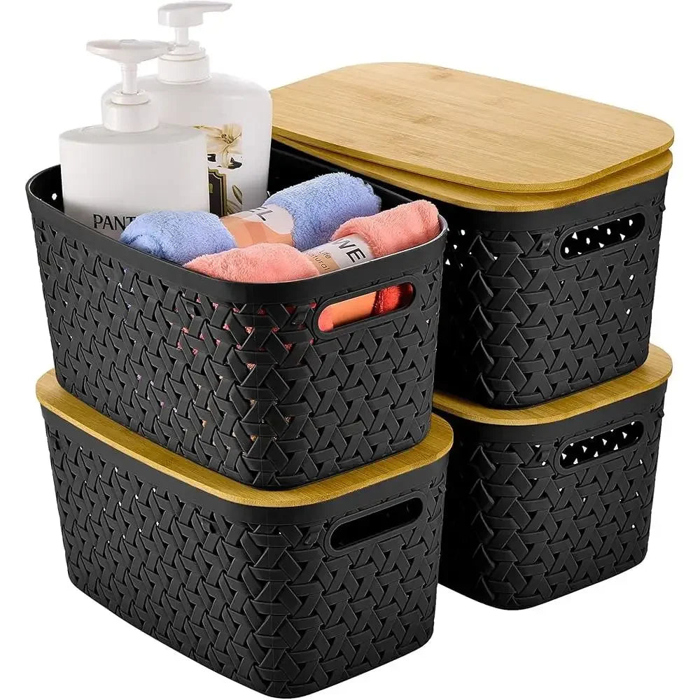Stackable Plastic Storage Bins with Bamboo Lids Set of 4 Multifunctional Storage Containers Home Organization Kitchen Office Use