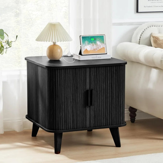 Farmhouse End Table Charging Station Fluted Sliding Door