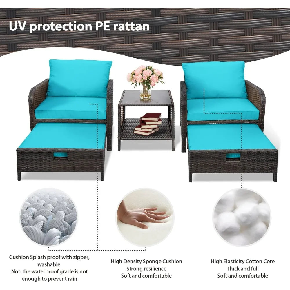 Balcony Furniture 5 Piece Patio Conversation Set PE Wicker Rattan Outdoor Lounge Chairs with Soft Cushions and 2 Ottomans