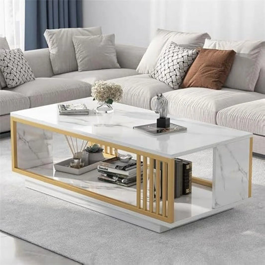 Modern White Marble Veneer Coffee Table With Gold Frame