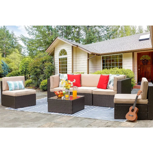 6 Piece Small Patio Furniture Sets with Glass Table and Cushions