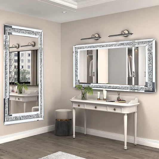 LUVODI Large Silver Crystal Rhinestone Frameless Vanity Mirror Wall Mounted