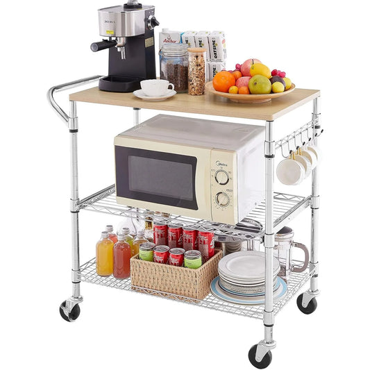 3 Tier Rolling Kitchen Cart with Wood Tabletop and Wheels