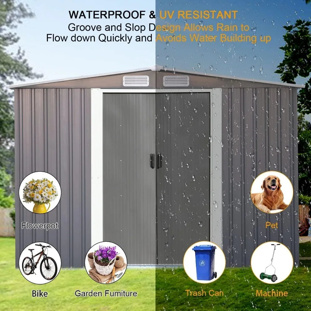 8 X 6FT Outdoor Storage Shed Patio Grey Metal Shed Waterproof