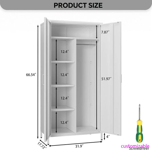White Metal Armoire Wardrobe Cabinet 2 Doors 4 Shelves