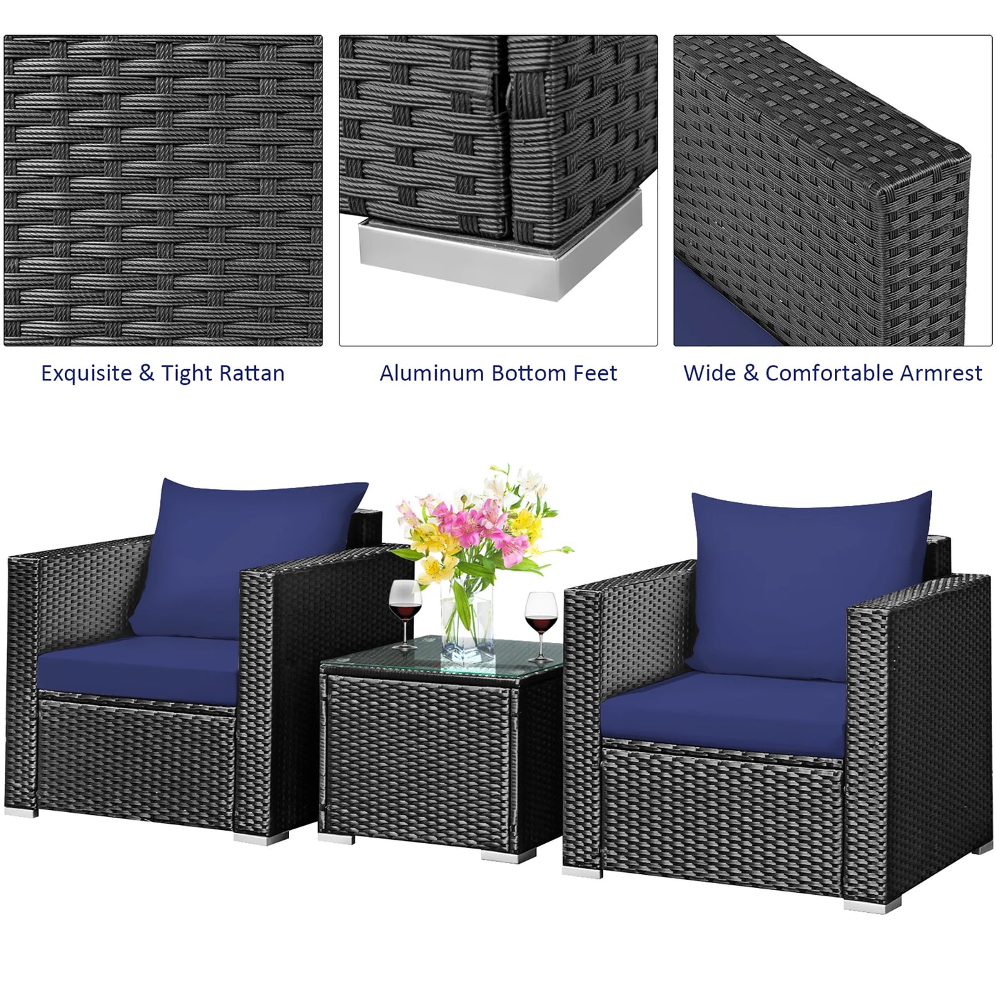 3PCS Patio Rattan Wicker Furniture Set Sofa Table W Cushion Navy