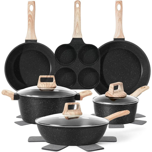 Black Granite Nonstick Pots and Pans Set Induction Nontoxic