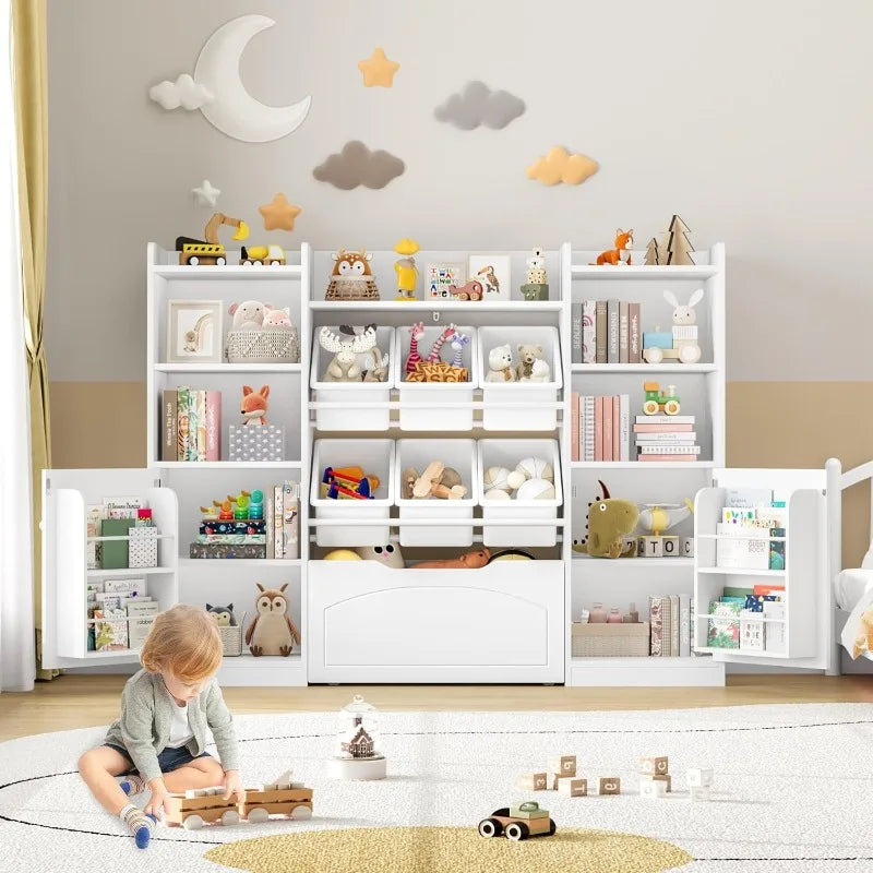 55” Toy Storage Organizer, 5-in-1 Kids Bookshelf with Movable Drawer and Book Shelves Behind The Doors, Toy Organizer